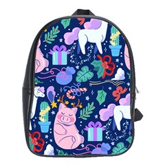 Colorful-funny-christmas-pattern Pig Animal School Bag (xl) by Amaryn4rt