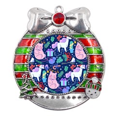 Colorful-funny-christmas-pattern Pig Animal Metal X mas Ribbon With Red Crystal Round Ornament by Amaryn4rt