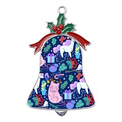 Colorful-funny-christmas-pattern Pig Animal Metal Holly Leaf Bell Ornament by Amaryn4rt