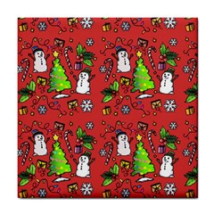 Santa Snowman Gift Holiday Christmas Cartoon Tile Coaster by Amaryn4rt