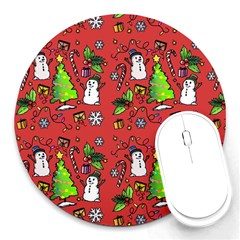 Santa Snowman Gift Holiday Christmas Cartoon Round Mousepad by Amaryn4rt