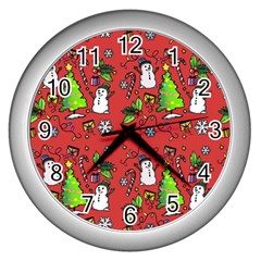 Santa Snowman Gift Holiday Christmas Cartoon Wall Clock (silver) by Amaryn4rt