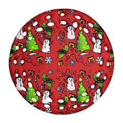 Santa Snowman Gift Holiday Christmas Cartoon Round Filigree Ornament (two Sides) by Amaryn4rt