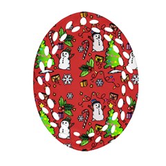 Santa Snowman Gift Holiday Christmas Cartoon Oval Filigree Ornament (two Sides)