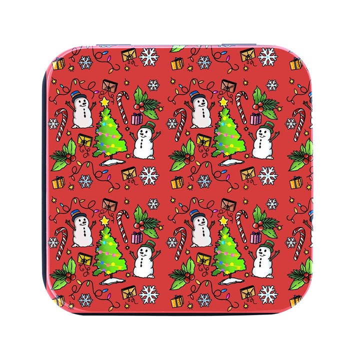 Santa Snowman Gift Holiday Christmas Cartoon Square Metal Box (Black)