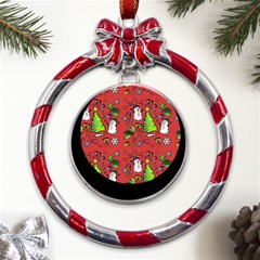 Santa Snowman Gift Holiday Christmas Cartoon Metal Red Ribbon Round Ornament by Amaryn4rt