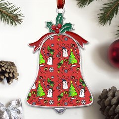 Santa Snowman Gift Holiday Christmas Cartoon Metal Holly Leaf Bell Ornament by Amaryn4rt