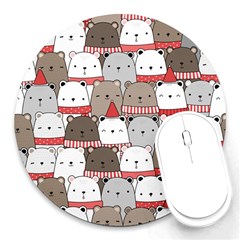 Cute Adorable Bear Merry Christmas Happy New Year Cartoon Doodle Seamless Pattern Round Mousepad by Amaryn4rt