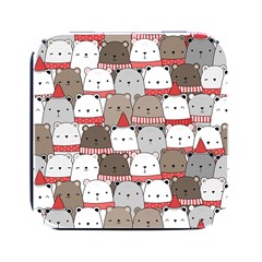 Cute Adorable Bear Merry Christmas Happy New Year Cartoon Doodle Seamless Pattern Square Metal Box (black) by Amaryn4rt