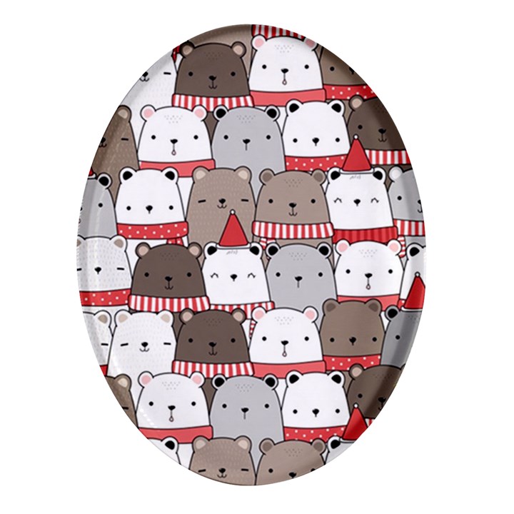 Cute Adorable Bear Merry Christmas Happy New Year Cartoon Doodle Seamless Pattern Oval Glass Fridge Magnet (4 pack)