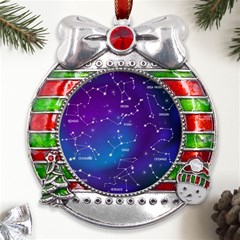 Realistic-night-sky-poster-with-constellations Metal X mas Ribbon With Red Crystal Round Ornament by Amaryn4rt