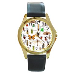 Insects-seamless-pattern Round Gold Metal Watch