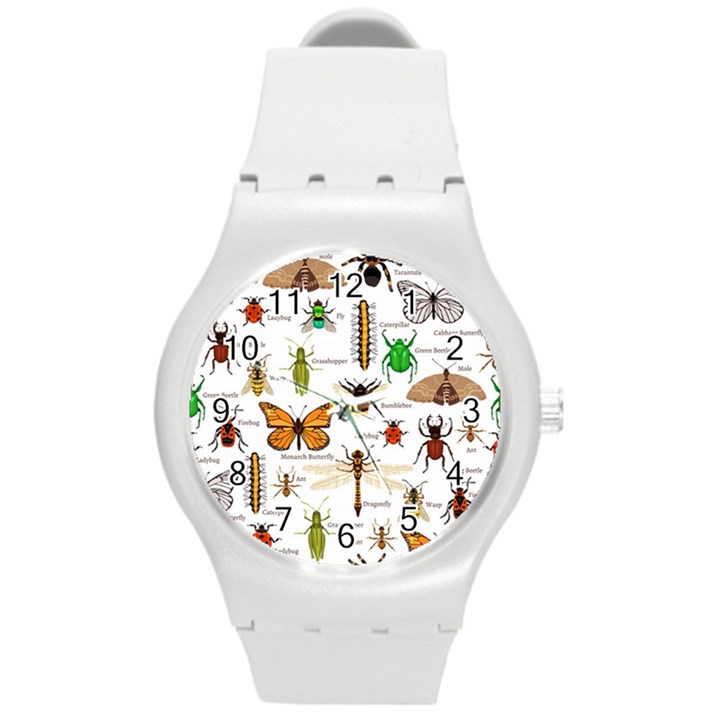 Insects-seamless-pattern Round Plastic Sport Watch (M)