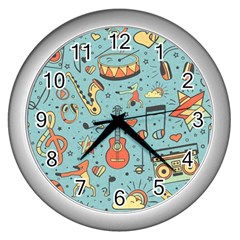 Seamless-pattern-musical-instruments-notes-headphones-player Wall Clock (silver) by Amaryn4rt