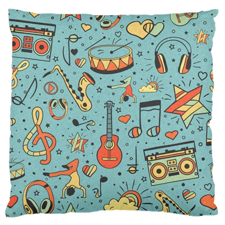 Seamless-pattern-musical-instruments-notes-headphones-player Large Premium Plush Fleece Cushion Case (Two Sides)