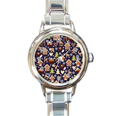 Winter-seamless-patterns-with-gingerbread-cookies-holiday-background Round Italian Charm Watch