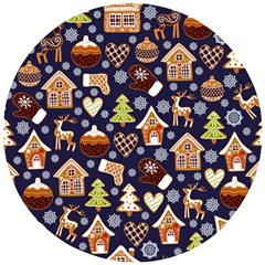 Winter-seamless-patterns-with-gingerbread-cookies-holiday-background Wooden Puzzle Round by Amaryn4rt