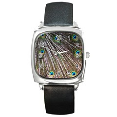 Peacock-feathers-pattern-colorful Square Metal Watch by Amaryn4rt