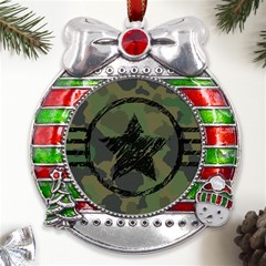 Military-camouflage-design Metal X mas Ribbon With Red Crystal Round Ornament by Amaryn4rt