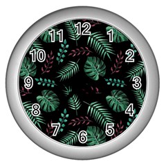 Tropical Leaves Pattern Wall Clock (silver) by Amaryn4rt