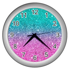 Pink And Turquoise Glitter Wall Clock (Silver)