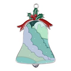 Winter Snow Mountains Nature Metal Holly Leaf Bell Ornament by Pakjumat