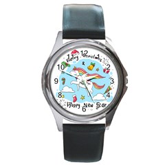 Merry Christmas Xmas Doodle Sketch Cartoon Unicorn Round Metal Watch by Pakjumat