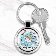 Merry Christmas Xmas Doodle Sketch Cartoon Unicorn Key Chain (round) by Pakjumat