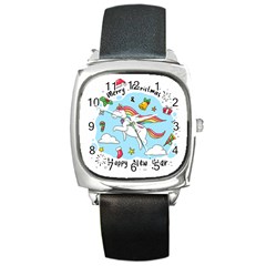 Merry Christmas Xmas Doodle Sketch Cartoon Unicorn Square Metal Watch by Pakjumat