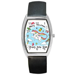 Merry Christmas Xmas Doodle Sketch Cartoon Unicorn Barrel Style Metal Watch by Pakjumat