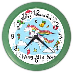 Merry Christmas Xmas Doodle Sketch Cartoon Unicorn Color Wall Clock by Pakjumat