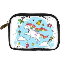 Merry Christmas Xmas Doodle Sketch Cartoon Unicorn Digital Camera Leather Case by Pakjumat