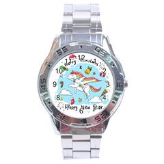 Merry Christmas Xmas Doodle Sketch Cartoon Unicorn Stainless Steel Analogue Watch by Pakjumat