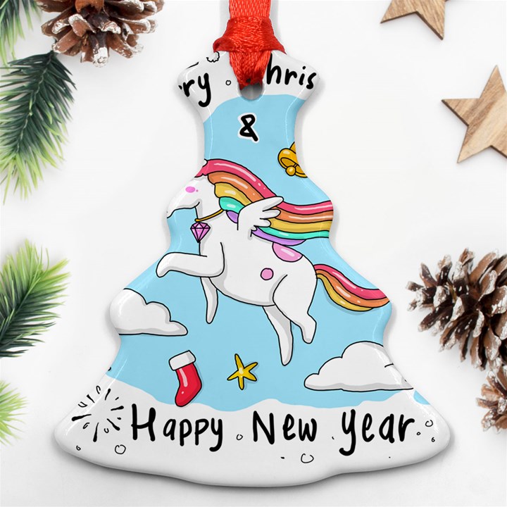 Merry Christmas Xmas Doodle Sketch Cartoon Unicorn Christmas Tree Ornament (Two Sides)