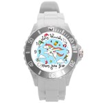 Merry Christmas Xmas Doodle Sketch Cartoon Unicorn Round Plastic Sport Watch (L) Front