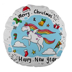 Merry Christmas Xmas Doodle Sketch Cartoon Unicorn Large 18  Premium Round Cushions by Pakjumat