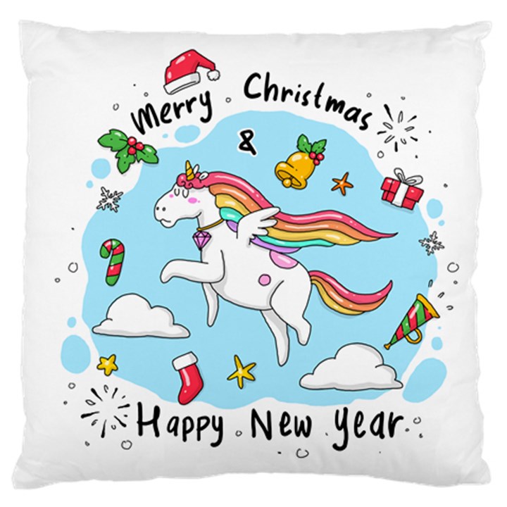 Merry Christmas Xmas Doodle Sketch Cartoon Unicorn Standard Premium Plush Fleece Cushion Case (One Side)