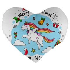 Merry Christmas Xmas Doodle Sketch Cartoon Unicorn Large 19  Premium Flano Heart Shape Cushions by Pakjumat