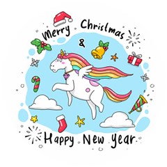 Merry Christmas Xmas Doodle Sketch Cartoon Unicorn Wooden Puzzle Round by Pakjumat