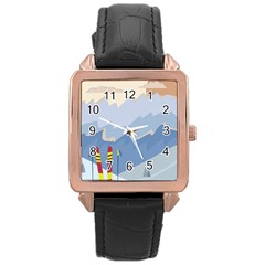 Winter Sports Ski Winter Snow Rose Gold Leather Watch  by Pakjumat