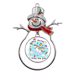 Merry Christmas Xmas Doodle Sketch Cartoon Unicorn Metal Snowman Ornament by Pakjumat