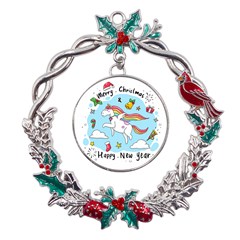 Merry Christmas Xmas Doodle Sketch Cartoon Unicorn Metal X mas Wreath Holly Leaf Ornament by Pakjumat