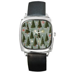 Christmas Trees Pattern Wallpaper Square Metal Watch by Pakjumat