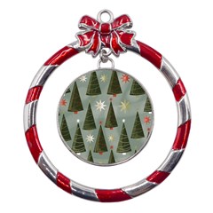 Christmas Trees Pattern Wallpaper Metal Red Ribbon Round Ornament by Pakjumat