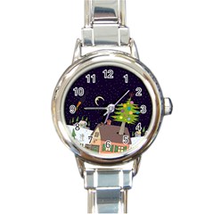 House Tree Man Moon Night Stars Round Italian Charm Watch