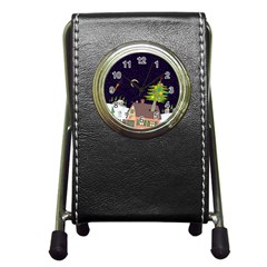 House Tree Man Moon Night Stars Pen Holder Desk Clock