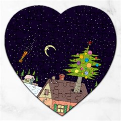 House Tree Man Moon Night Stars Jigsaw Puzzle (heart) by Pakjumat