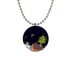 House Tree Man Moon Night Stars 1  Button Necklace by Pakjumat