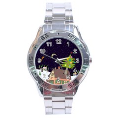 House Tree Man Moon Night Stars Stainless Steel Analogue Watch