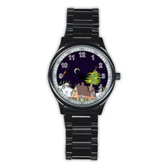 House Tree Man Moon Night Stars Stainless Steel Round Watch